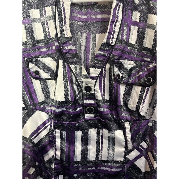 HeartSoul Y2K Baby Doll Blouse S Purple/Black/White Plaid Print Button Front Sho - Picture 2 of 5